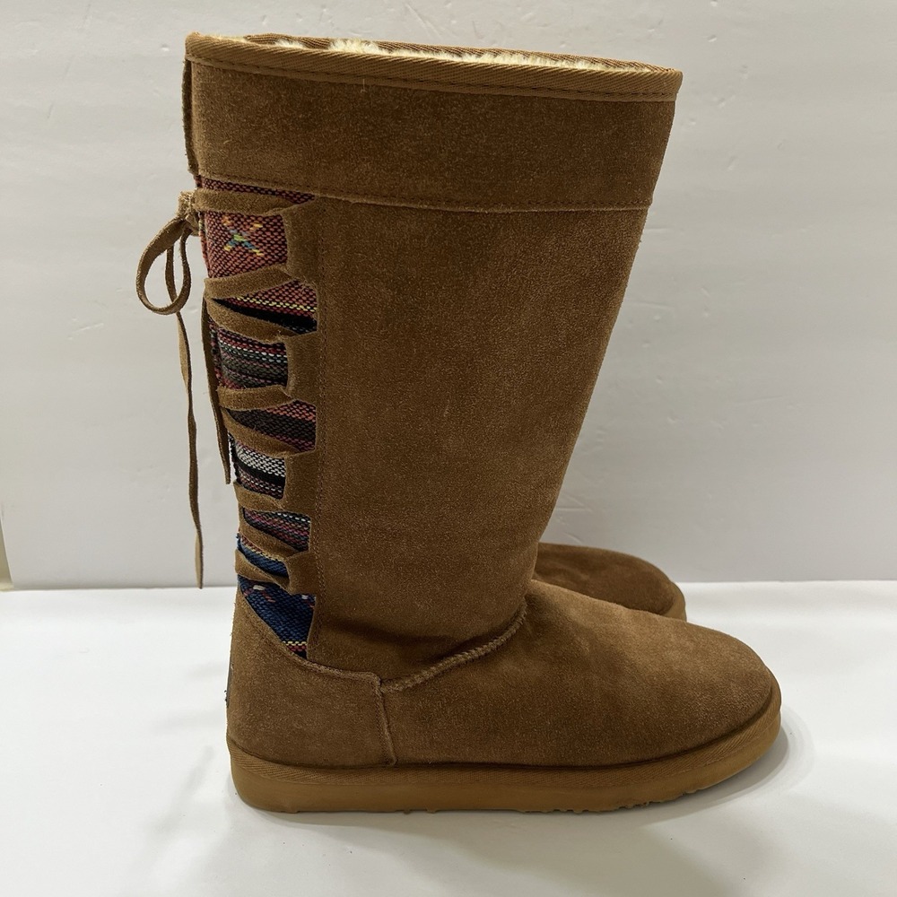 Lamo Tall Suede Brown Boots Faux Fur Lined Lace-Up Aztec Print Back Women's 10